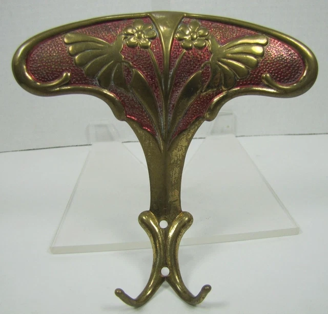 Antique Bronze Art Nouveau Hanger Hook Bracket Butterfly Flower ornate brass wsh 2
