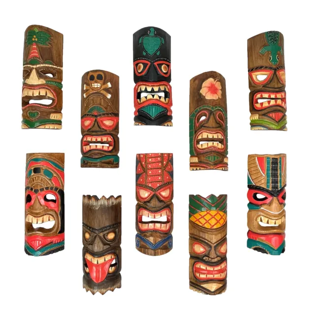 Set of 10 Hand-Carved Tropical Island Style Tiki Masks Decorative Wall Hangings