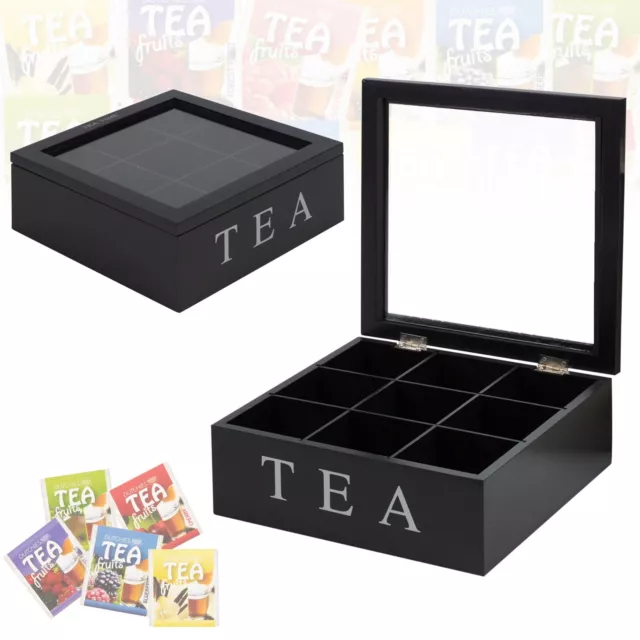 Tea Box 9 Section Wooden MDF Clear Lid Compartments Container Bag Caddy Chest