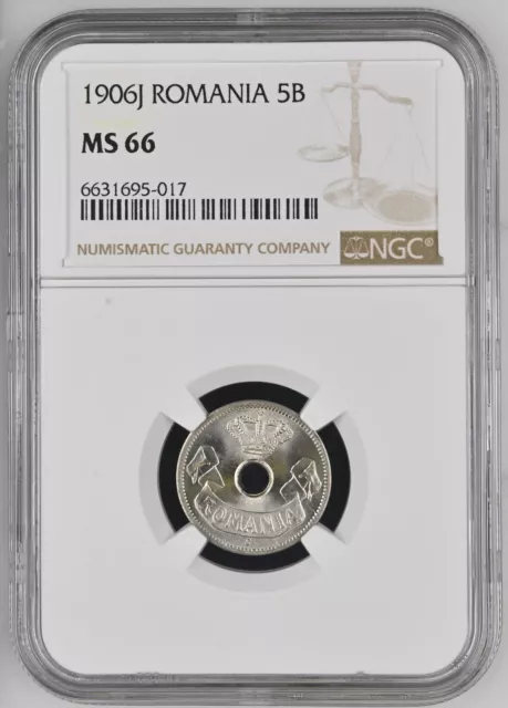 1906, Kingdom of Romania, Carol I. Nice Copper-Nickel 5 Bani Coin. NGC MS-66