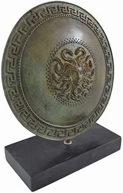 Ancient Greek small bronze shield with Gorgon Medusa head and meander design 3