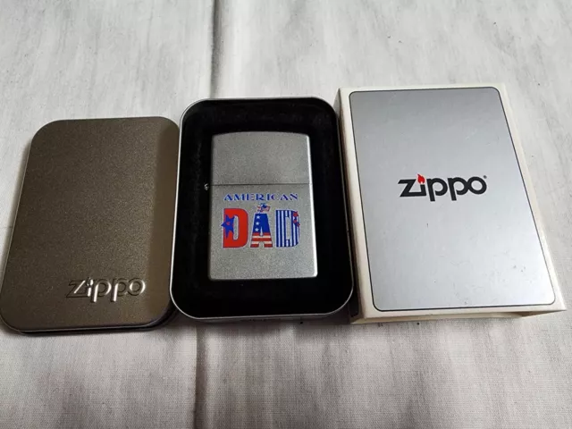 Zippo 2002 Satin Chrome Lighter American Dad Flag. NEW SEALED UNUSED. RARE