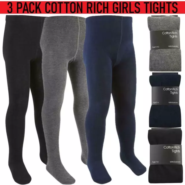 3 Pack Girls Tights School Soft Cotton Rich Stretch Back 2 School Age 3-13 Years