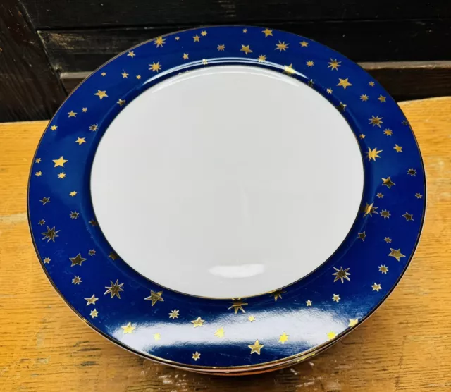 SAKURA GALAXY Gold Rim & Stars Dinner Plates Navy Blue 14K Fine China Set Of 12! 2