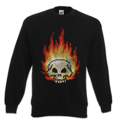 Pixel Burning Skull Sweatshirt Pullover Geek Nerd Gaming Gamer Fun Retro Skulls