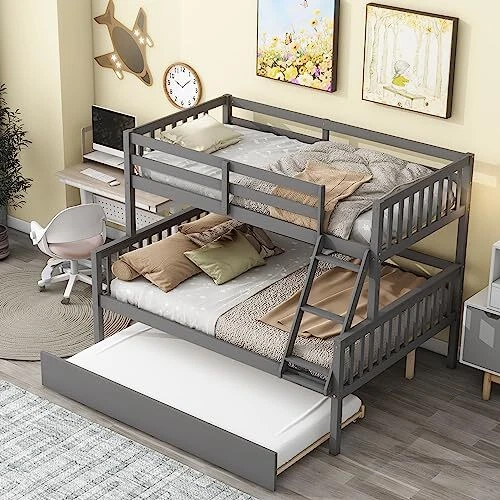 SOLID WOOD BUNK Bed with Trundle Twin Over Full Grey Twin Over Full w