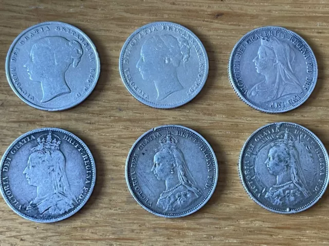 Consignment Of Six Queen Victoria Silver Shillings 1900, 1839, 1879, 1891, 1887,