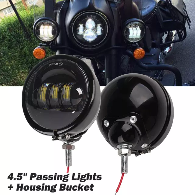 4 1/2" Black 4.5" LED Auxiliary Spot Passing Light and Housing Bucket For Harley