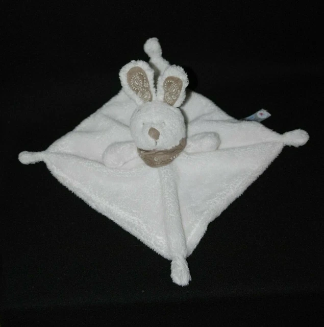 Doudou plat lapin NICOTOY blanc bandana brun marron taupe TTBE