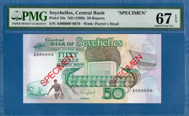 Seychelles, 50 Rupees, 1989, 000000 Specimen, Superb Gem UNC-PMG67EPQ, P34s