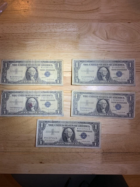 1957 One Dollar Blue Seal Series B Note Silver Certificate Bill $1 ￼Lot Of five