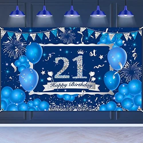 BLUE 21ST BIRTHDAY Decorations Banner for Men Women Navy Blue Silver