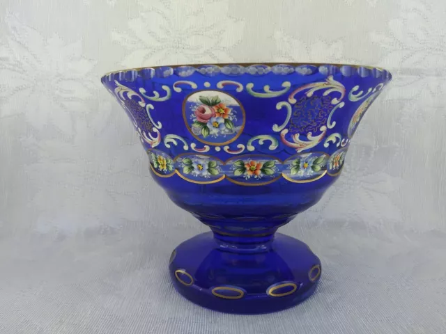 Gorgeous Heavy Bohemian Moser Czech Cobalt Enamel Crystal Glass Candy Fruit Bowl