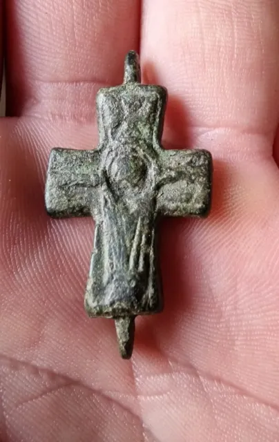 ANCIENT BYZANTINE CROSS , BRONZE, HALF ENCOLPION  6.3g , 38x21mm