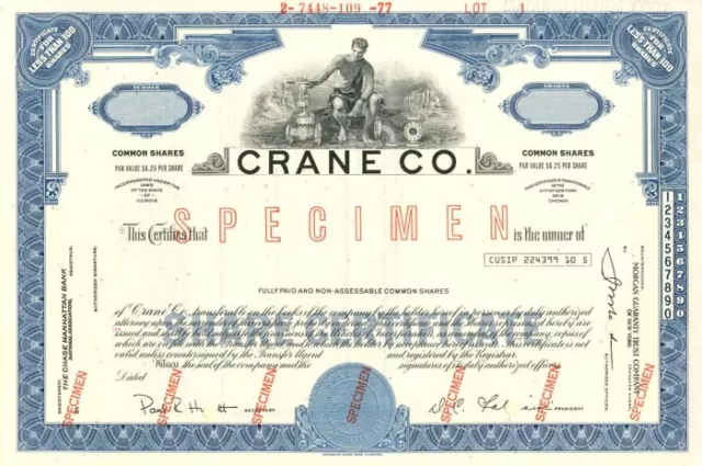 Crane Co. - Vending Machine Co. Specimen Stock Certificate - Available in Blue,