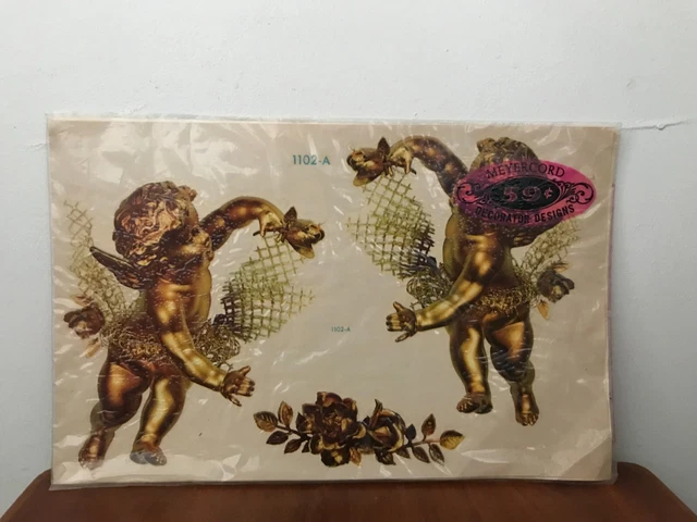NUEVA Calcomanía Meyercord 1102-A Victoriana Bronce Ángeles Querubines Alas Florales