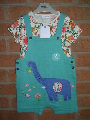 NEXT Girls Green Linen DINO Dungarees Floral Top Set Outfit Age 6-9 Months NEW
