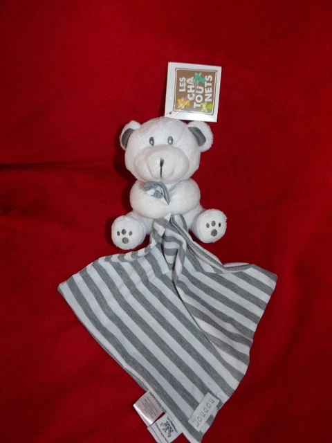 Doudou Peluche LES CHATOUNETS Ours Blanc Mouchoir Rayé Gris Blanc Neuf