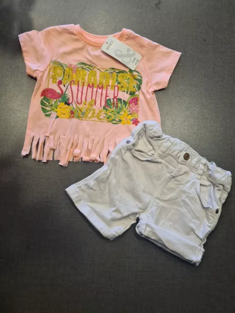 T-shirt flamingo ragazza 12-18 mesi nuova pantaloncini top denim outfit pacchetto giorno successivo