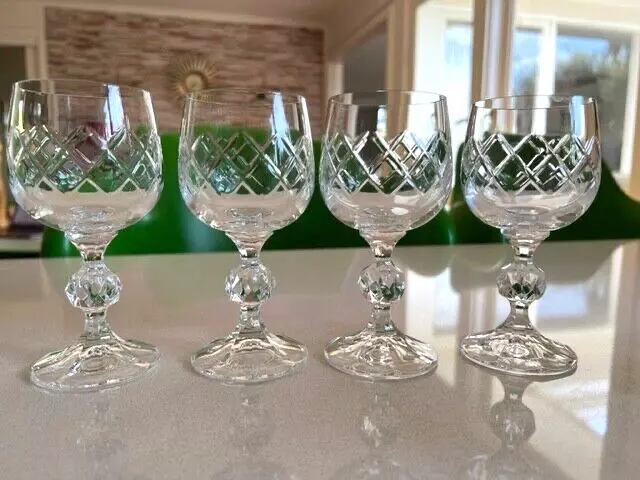 Vintage Bohemia Crystal Diamond Cut Wine Glasses x4