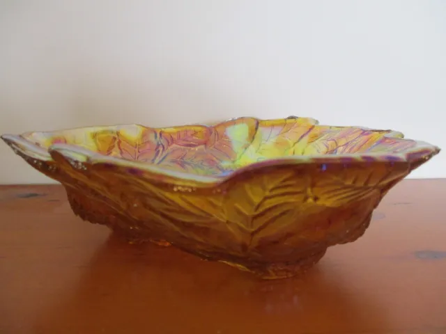 Vintage Carnival Glass Marigold Amber Dish Bowl Iridescent Grapes Leaves