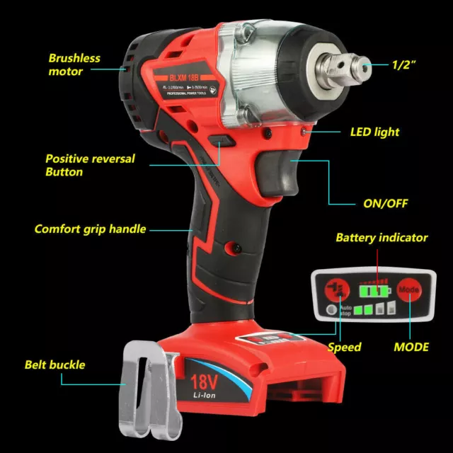Impact Wrench Driver Cordless Electric 18V Li-Ion 1/2" Rattle Gun For Milwaukee 3