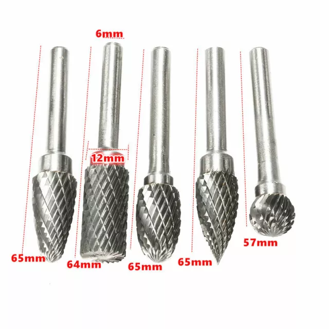 5pcs/set Head Tungsten Carbide 12MM Rotary Point Burr Die Grinder 6mm Shank Bit 3