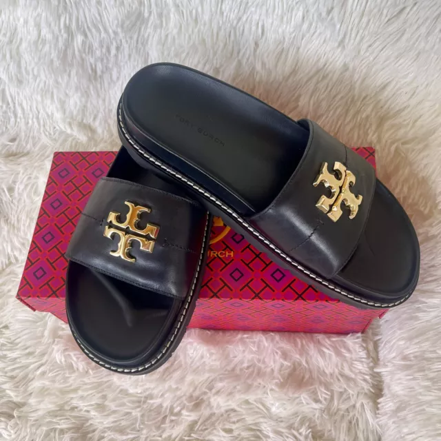 Tory Burch Everly Anatomic Lug Double T Logo Black Slide Sandal | Size 7.5 | NIB