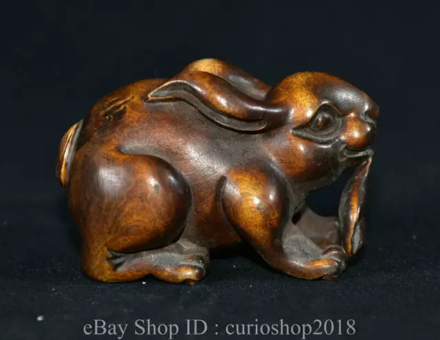 2.6 " China Boxwood Wood Hand Carved Fengshui Zodiac Animal Rabbit Lucky Statue