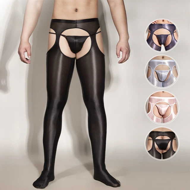 Men's Sexy See Through Shiny Leggings Long Pants Trousers with Open Sheath