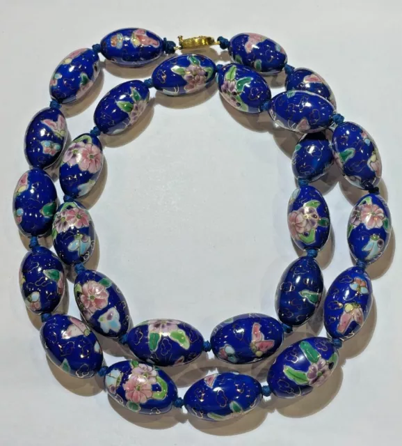 Chinesisch Export Blau Cloisonne Emaille Blume Oval Perlen Knoten Halskette DE10 2