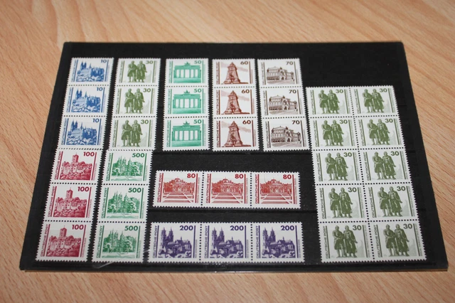DDR 1990 - Freimarken Bauwerke Nr.3344-3352 in postfrischen Dreier-Streifen
