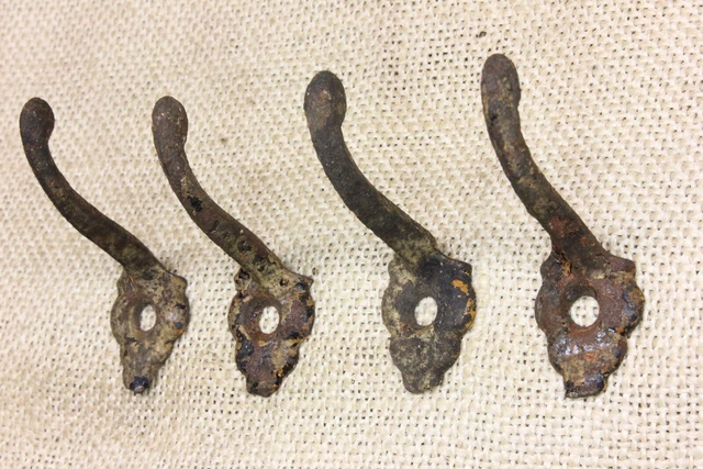 4 Old Single Coat Hooks School Farmhouse Rustic Paint Cast Iron  Vintage 1850’s 2
