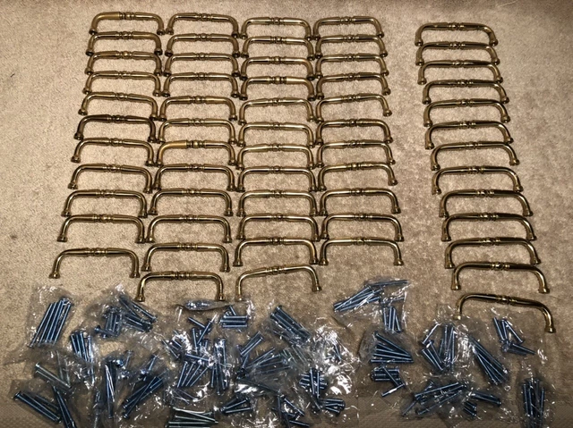Lot of 59 Used Cabinet or Drawer Pulls Hardware Gold Finish 3” & 3.5” w/ Screws