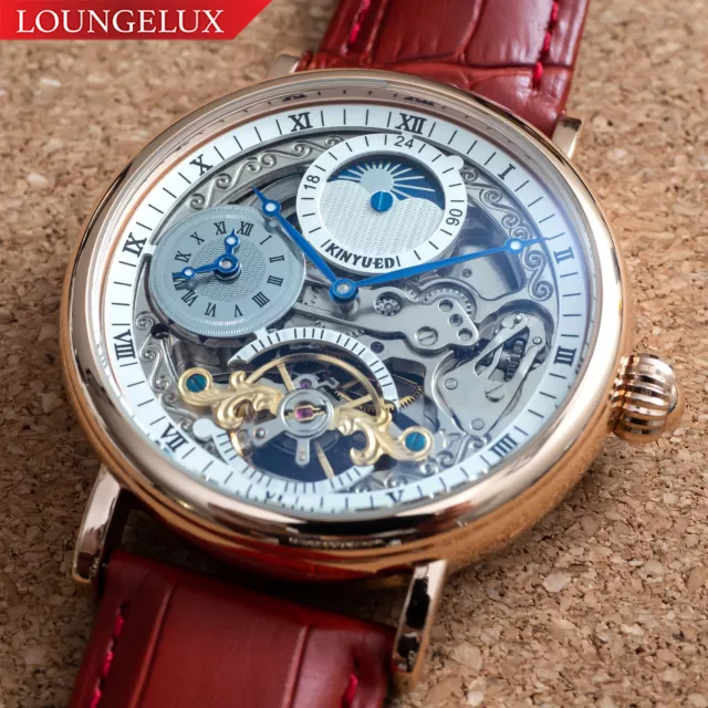 Mens Rose Gold Dual Time Skeleton Automatic Mechanical Watch Red Leather