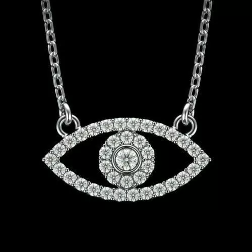1 Ct Round Cut Simulated Diamond Evil Eye Pendant Necklace 14K White Gold Plated