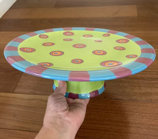 All U Can Handle Cake Stand Plate Dancing Dots Hand Painted Ceramic 12” Colorfu