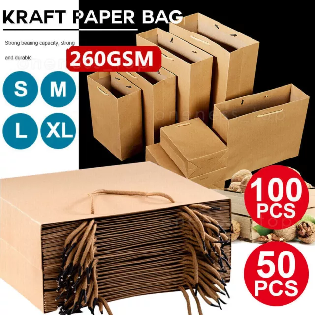 Kraft Paper Bags 50/100 x Bulk,Gift Shopping Carry Craft Brown Bag with Handles