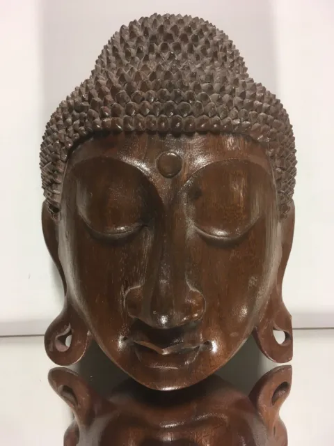 Rare Vintage Teak Wood Carved Buddha Head Statue Wall Hanging