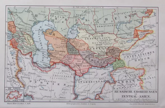 1897 Russische Eroberungen Zentralasien - Lithografie alte Landkarte old map