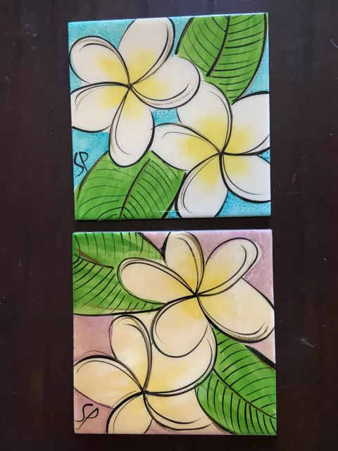 (2) SHARON PETERKIN Floral Art Tiles 8”x8” Signed Ceramic Pottery Trivets