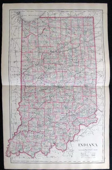 1882 Original Double Page Map Of Indiana Hand Colored