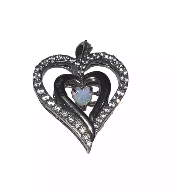 HEART ~ STERLING SILVER & ARTICULATED OPAL PENDANT CZ Stones 1”