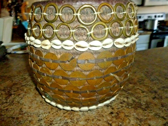 Antique Yoruba African Tribal Basket Cowrie Shell Leather Coins Nigeria LARGE