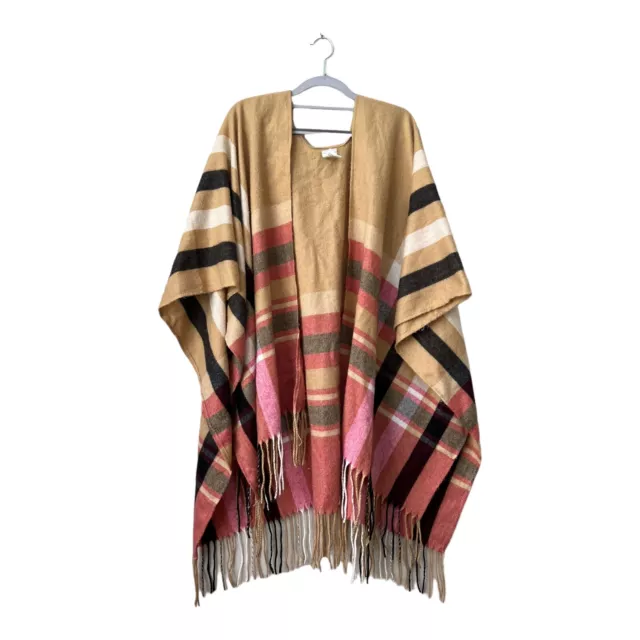 Woolrich Women's Poncho Tan Red Plaid Fringe Blanket Wrap One Size