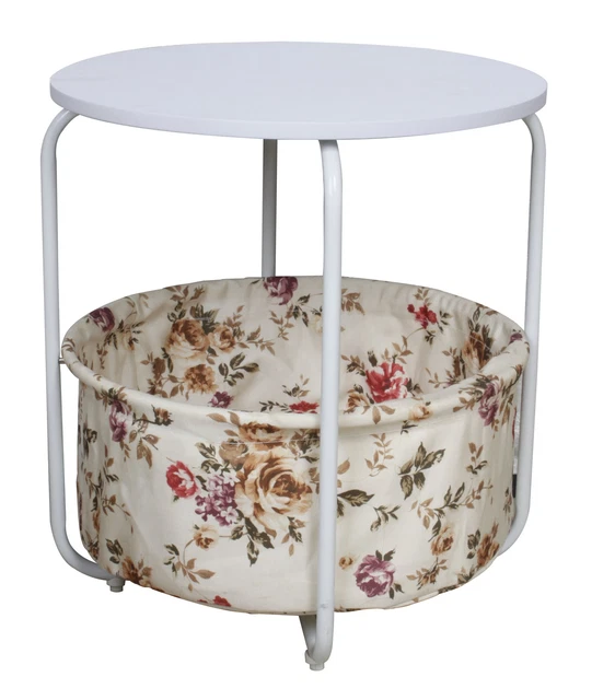 Casa de Campo Mesa Auxiliar + Cesta Mesa Mesita Baja Salón Metal Redondo Blanco