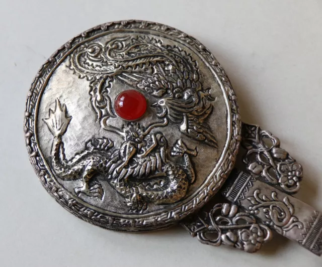 Antique/Vintage Chinese Siver Metal Dragon and Phoenix Mirror 15.5cm Long