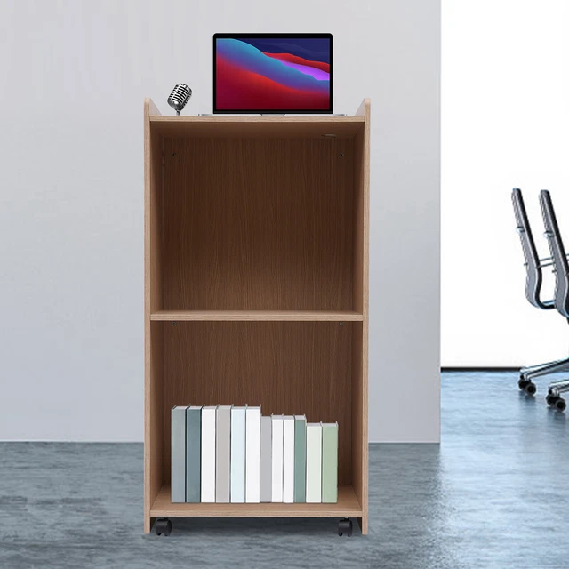 Wood Portable Lectern Presentation Podium Stand with Wheels + 2 Tier Shelves