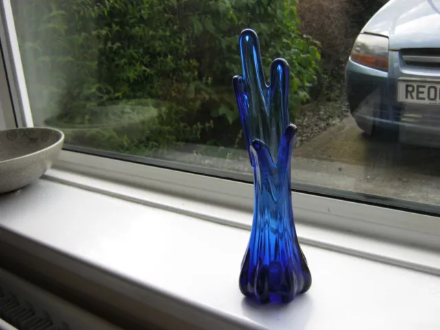 Vintage Five fingered cobalt blue glass vase, 28cm. tall