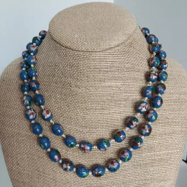 Vintage Chinese Cloisonne Enamel Beaded Knotted Necklaces Blue Or Black Floral